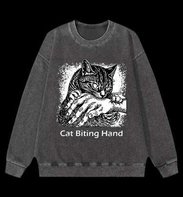 Cat Biting Hand Vintage Washed 100% Cotton Sweatshirt - TheDrunkShark