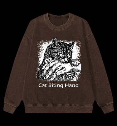 Cat Biting Hand Vintage Washed 100% Cotton Sweatshirt - TheDrunkShark