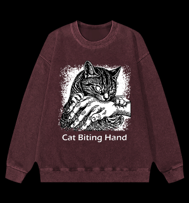 Cat Biting Hand Vintage Washed 100% Cotton Sweatshirt - TheDrunkShark