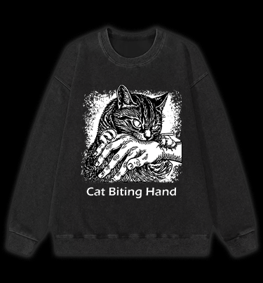 Cat Biting Hand Vintage Washed 100% Cotton Sweatshirt - TheDrunkShark