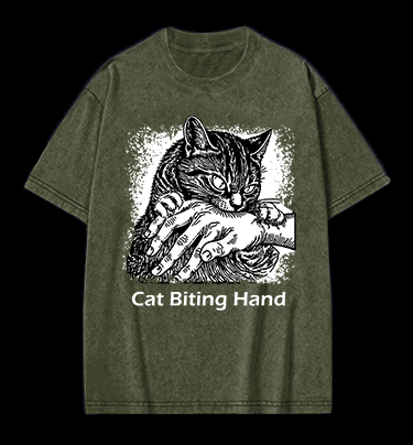 Cat Biting Hand Vintage Washed 100% Cotton T-Shirt - TheDrunkShark