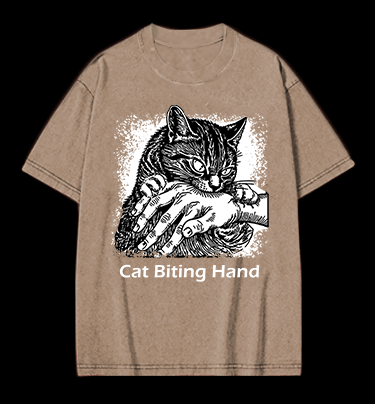Cat Biting Hand Vintage Washed 100% Cotton T-Shirt - TheDrunkShark