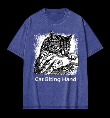 Cat Biting Hand Vintage Washed 100% Cotton T-Shirt - TheDrunkShark