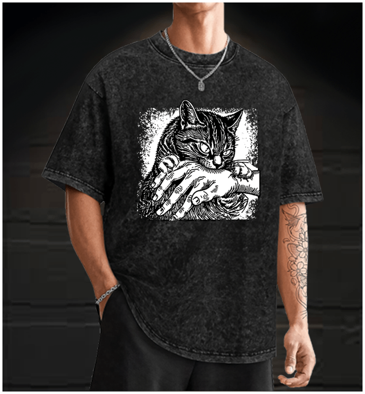Cat Biting Hand Vintage Washed 100% Cotton T-Shirt - TheDrunkShark