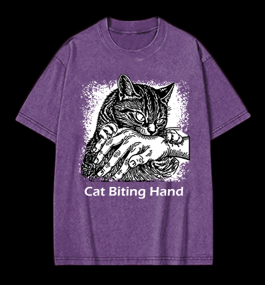 Cat Biting Hand Vintage Washed 100% Cotton T-Shirt - TheDrunkShark