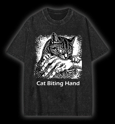 Cat Biting Hand Vintage Washed 100% Cotton T-Shirt - TheDrunkShark