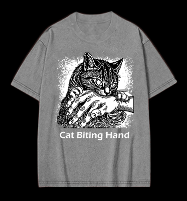 Cat Biting Hand Vintage Washed 100% Cotton T-Shirt - TheDrunkShark