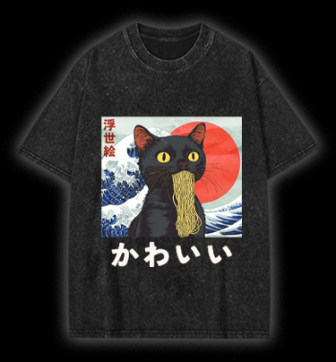 Cat Eating Noodles Vintage Washed 100% Cotton T-Shirt - TheDrunkShark