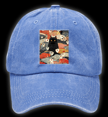 Cat & Fish Fun Vintage Washed 100% Cotton Baseball Hat - TheDrunkShark
