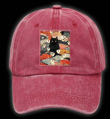 Cat & Fish Fun Vintage Washed 100% Cotton Baseball Hat - TheDrunkShark