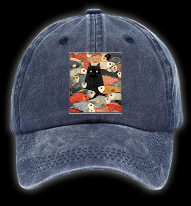 Cat & Fish Fun Vintage Washed 100% Cotton Baseball Hat - TheDrunkShark
