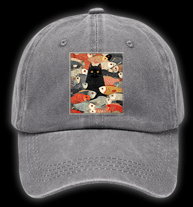 Cat & Fish Fun Vintage Washed 100% Cotton Baseball Hat - TheDrunkShark