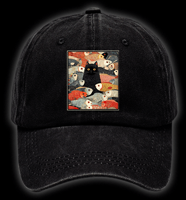 Cat & Fish Fun Vintage Washed 100% Cotton Baseball Hat - TheDrunkShark