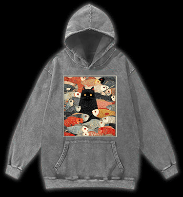 Cat & Fish Fun Vintage Washed 100% Cotton Hoodie - TheDrunkShark