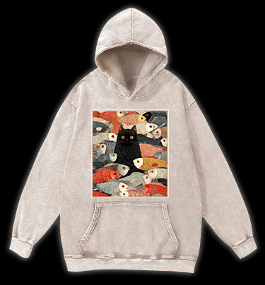 Cat & Fish Fun Vintage Washed 100% Cotton Hoodie - TheDrunkShark