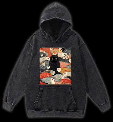 Cat & Fish Fun Vintage Washed 100% Cotton Hoodie - TheDrunkShark