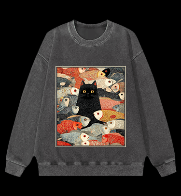 Cat & Fish Fun Vintage Washed 100% Cotton Sweatshirt - TheDrunkShark