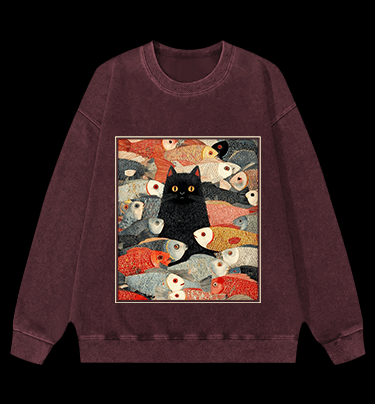 Cat & Fish Fun Vintage Washed 100% Cotton Sweatshirt - TheDrunkShark