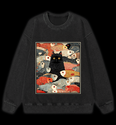 Cat & Fish Fun Vintage Washed 100% Cotton Sweatshirt - TheDrunkShark