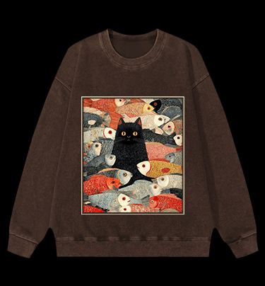 Cat & Fish Fun Vintage Washed 100% Cotton Sweatshirt - TheDrunkShark
