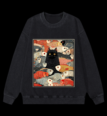 Cat & Fish Fun Vintage Washed 100% Cotton Sweatshirt - TheDrunkShark