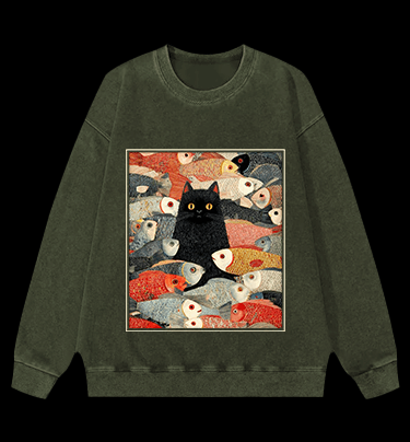 Cat & Fish Fun Vintage Washed 100% Cotton Sweatshirt - TheDrunkShark