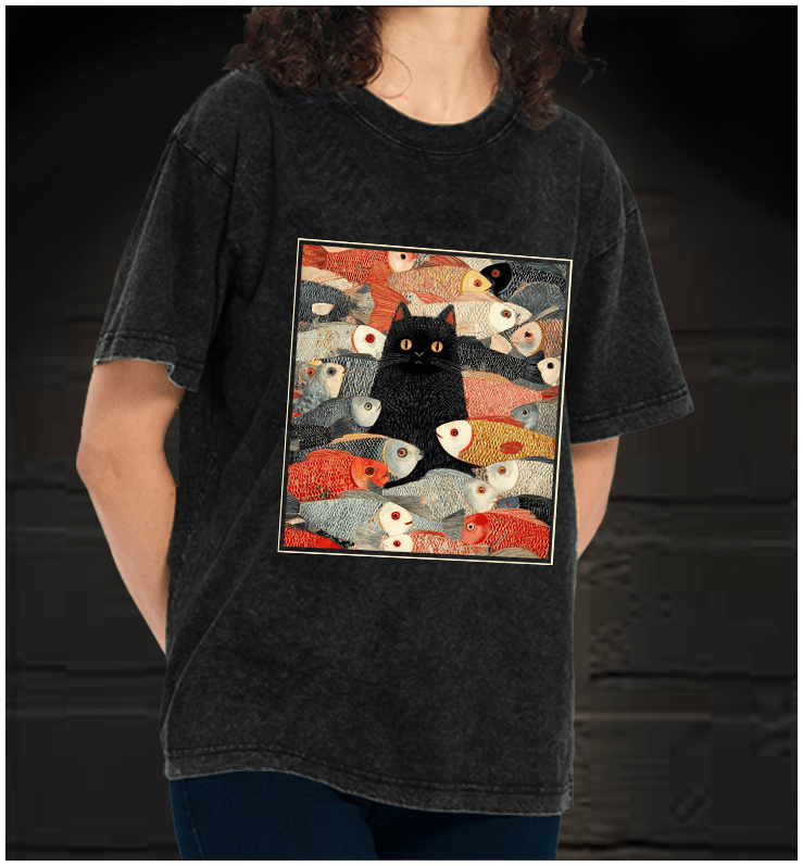 Cat & Fish Fun Vintage Washed 100% Cotton T-Shirt - TheDrunkShark
