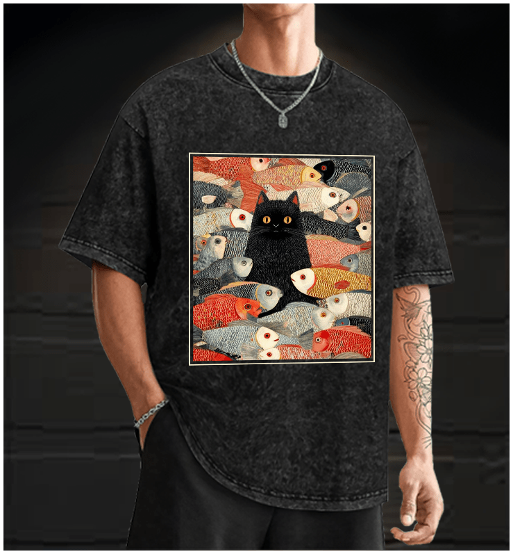 Cat & Fish Fun Vintage Washed 100% Cotton T-Shirt - TheDrunkShark