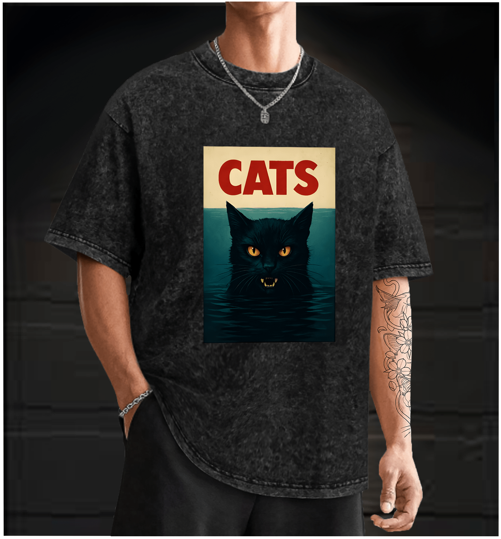 Cat In Water Surprise Vintage Washed 100% Cotton T-Shirt - TheDrunkShark