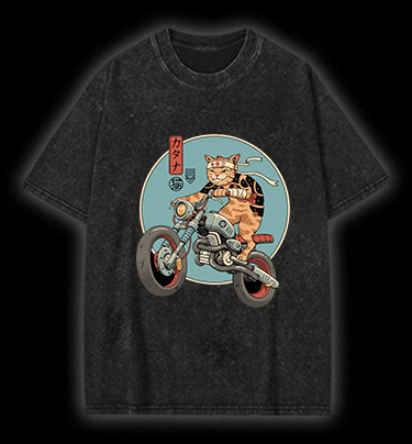 Cat Rider Vintage Washed 100% Cotton T-Shirt - TheDrunkShark