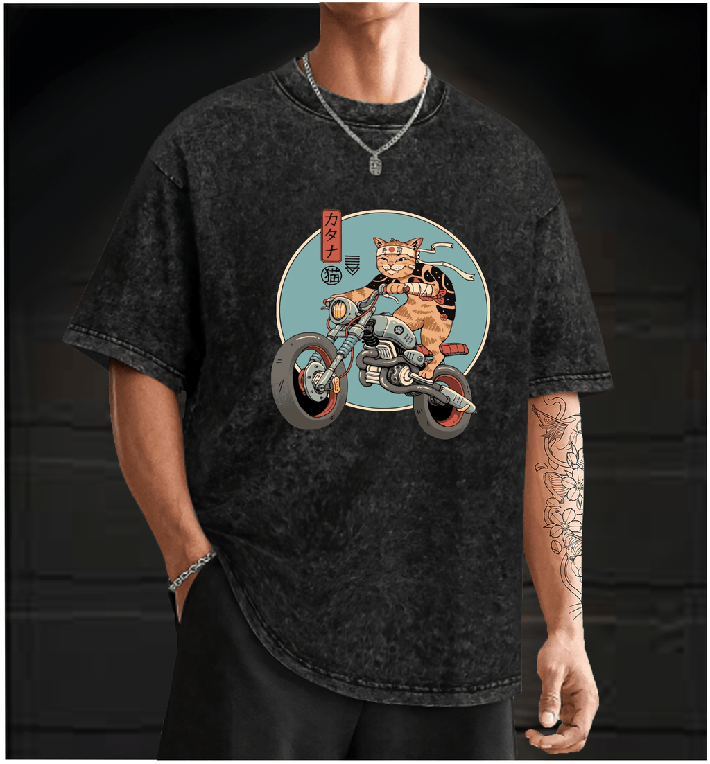 Cat Rider Vintage Washed 100% Cotton T-Shirt - TheDrunkShark