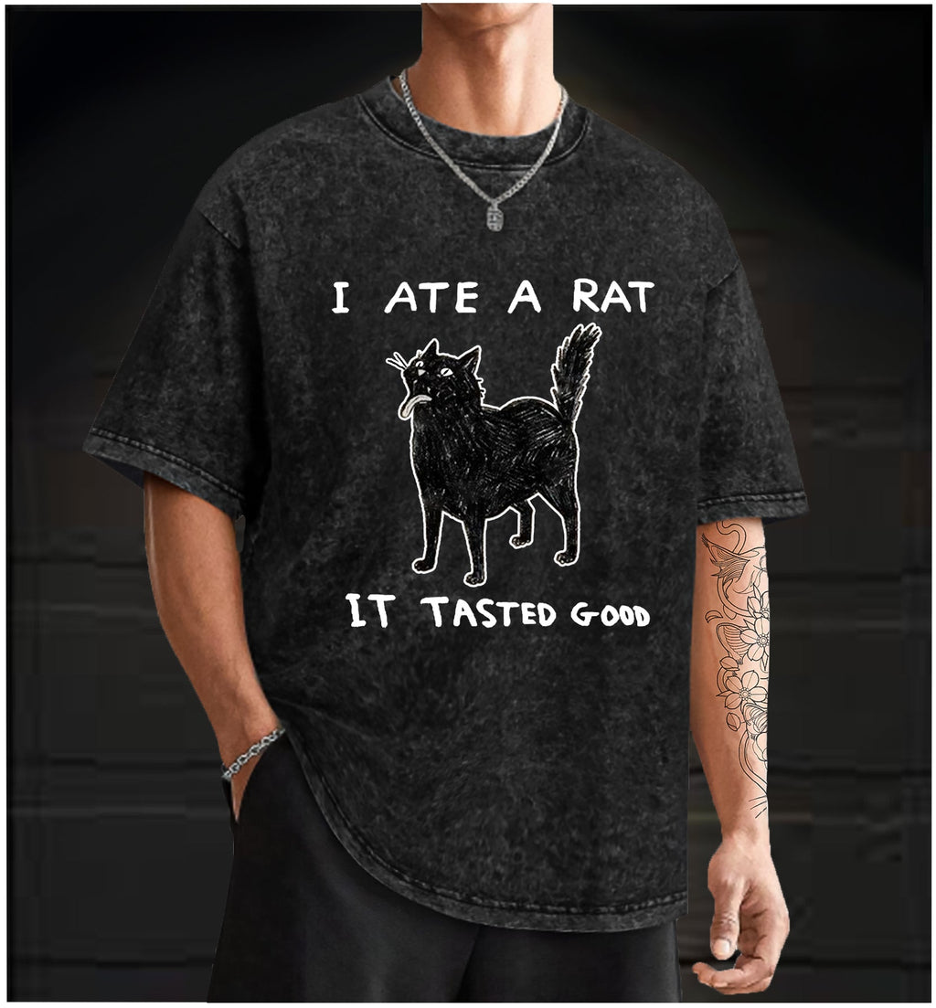  Cat Tasting Delicious Mouse  Vintage Washed 100% Cotton T-Shirt - TheDrunkShark