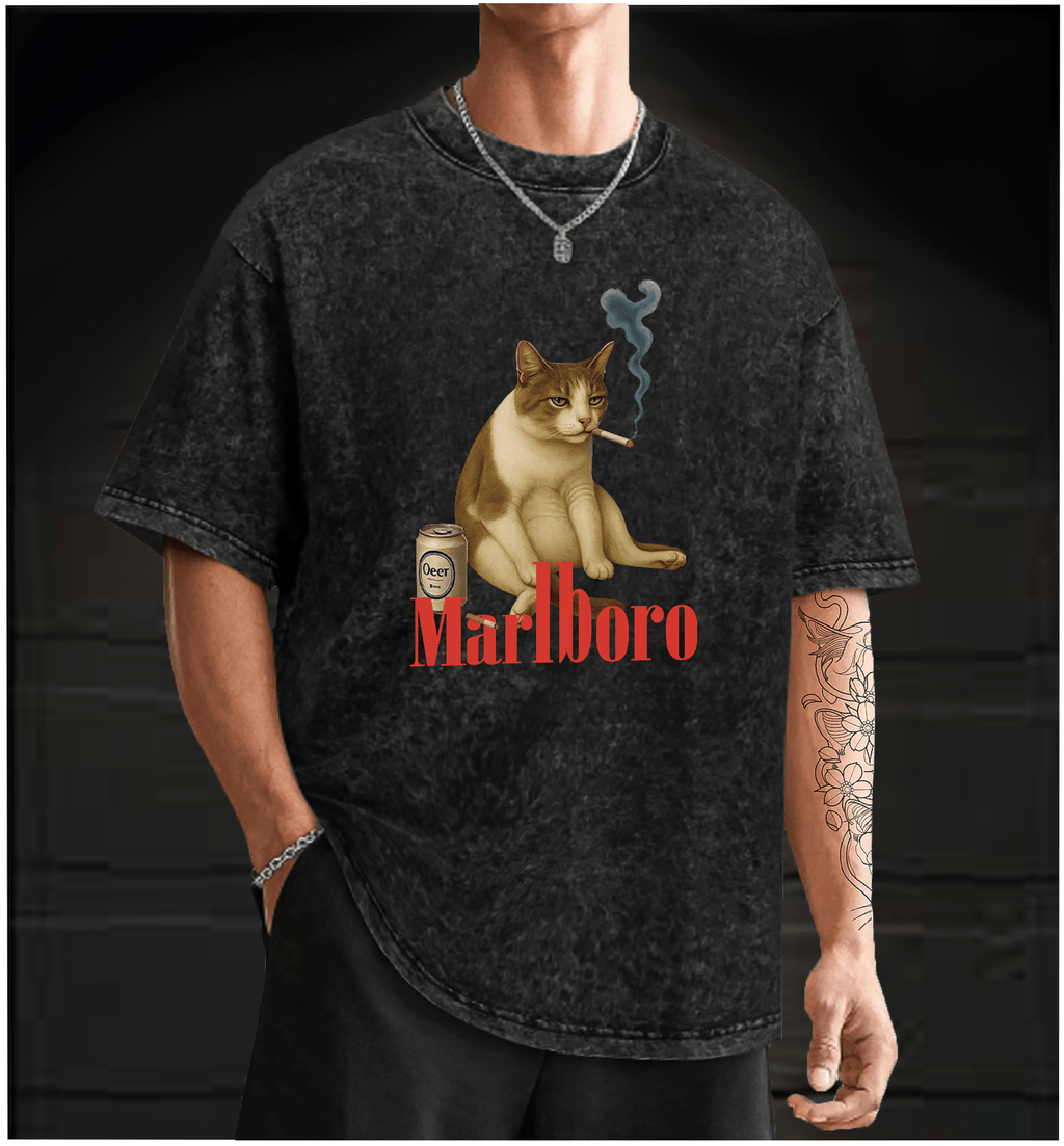Cat with Beer and Cigarette Vintage Washed 100% Cotton T-Shirt - TheDrunkShark