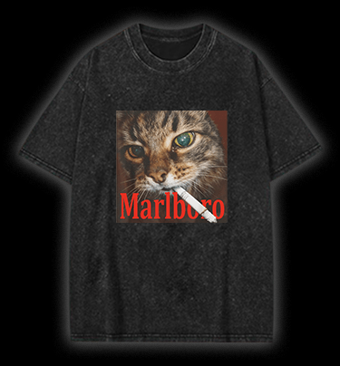 Cat With Cigarette Vintage Washed 100% Cotton T-Shirt - TheDrunkShark