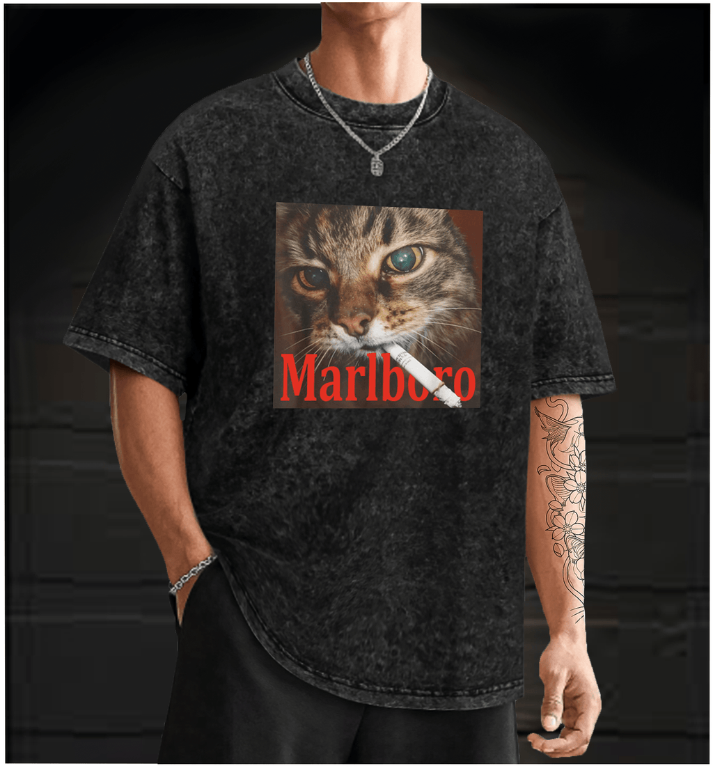 Cat With Cigarette Vintage Washed 100% Cotton T-Shirt - TheDrunkShark