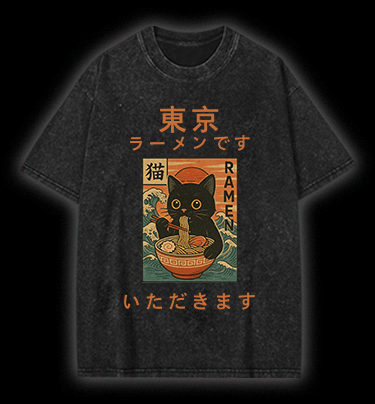 Cat with Ramen Vintage Washed 100% Cotton T-Shirt - TheDrunkShark