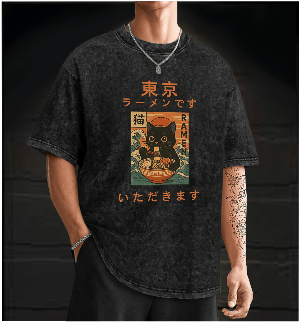 Cat with Ramen Vintage Washed 100% Cotton T-Shirt - TheDrunkShark