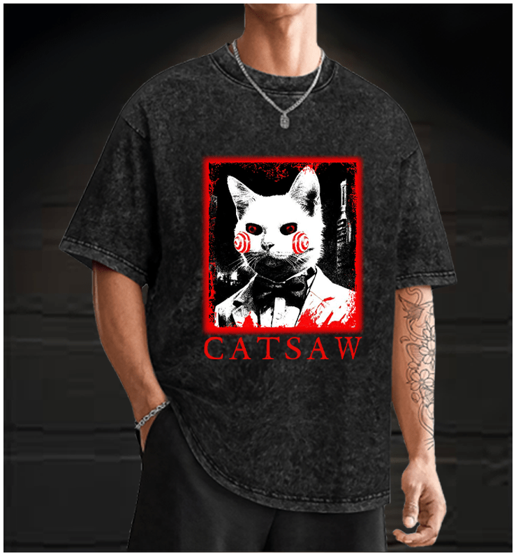 CATSAW Vintage Washed 100% Cotton T-Shirt - TheDrunkShark