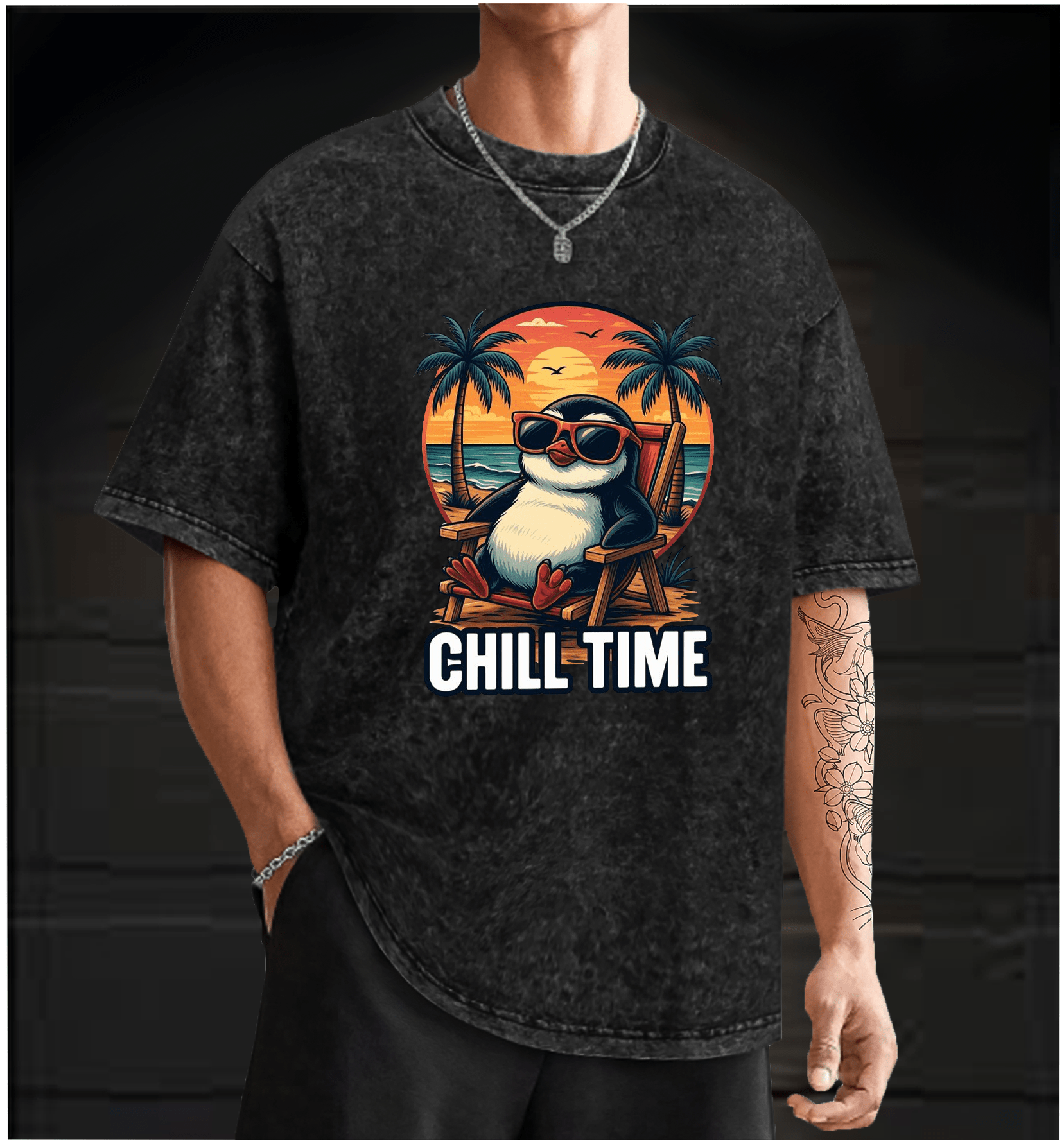 Chill Penguin Vintage Washed 100% Cotton T-Shirt - TheDrunkShark