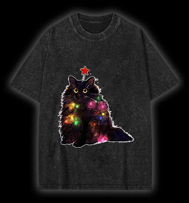 Christmas Lights Cat Vintage Washed 100% Cotton T-Shirt - TheDrunkShark