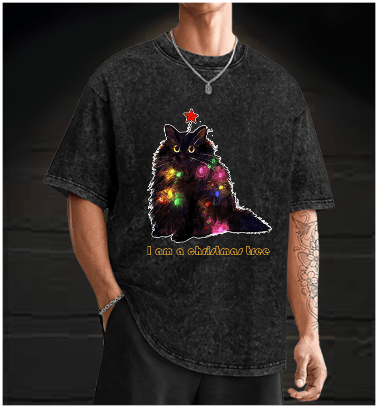 Christmas Lights Cat Vintage Washed 100% Cotton T-Shirt - TheDrunkShark