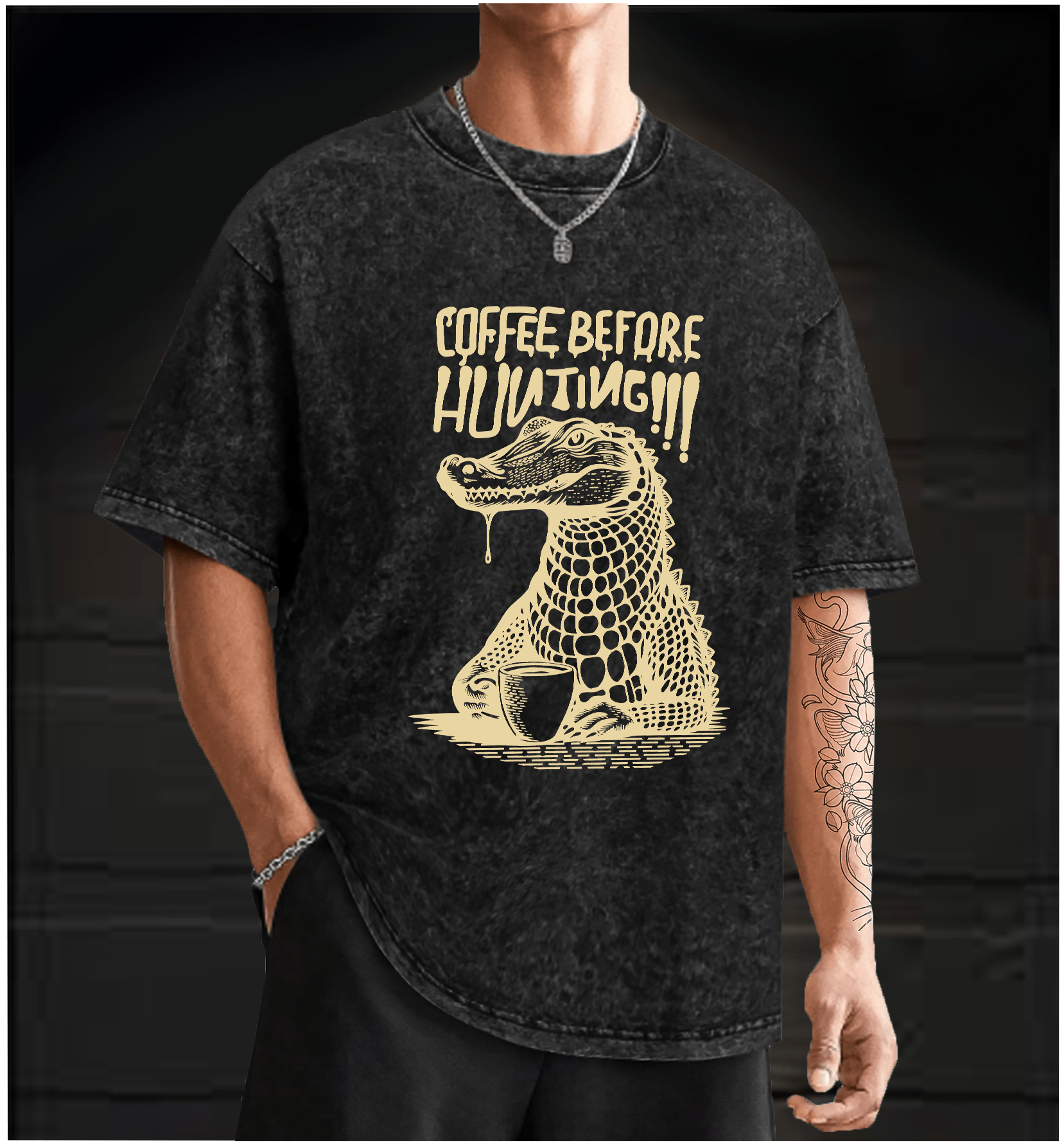 Crocodile??£¤s Coffee Time Vintage Washed 100% Cotton T-Shirt - TheDrunkShark