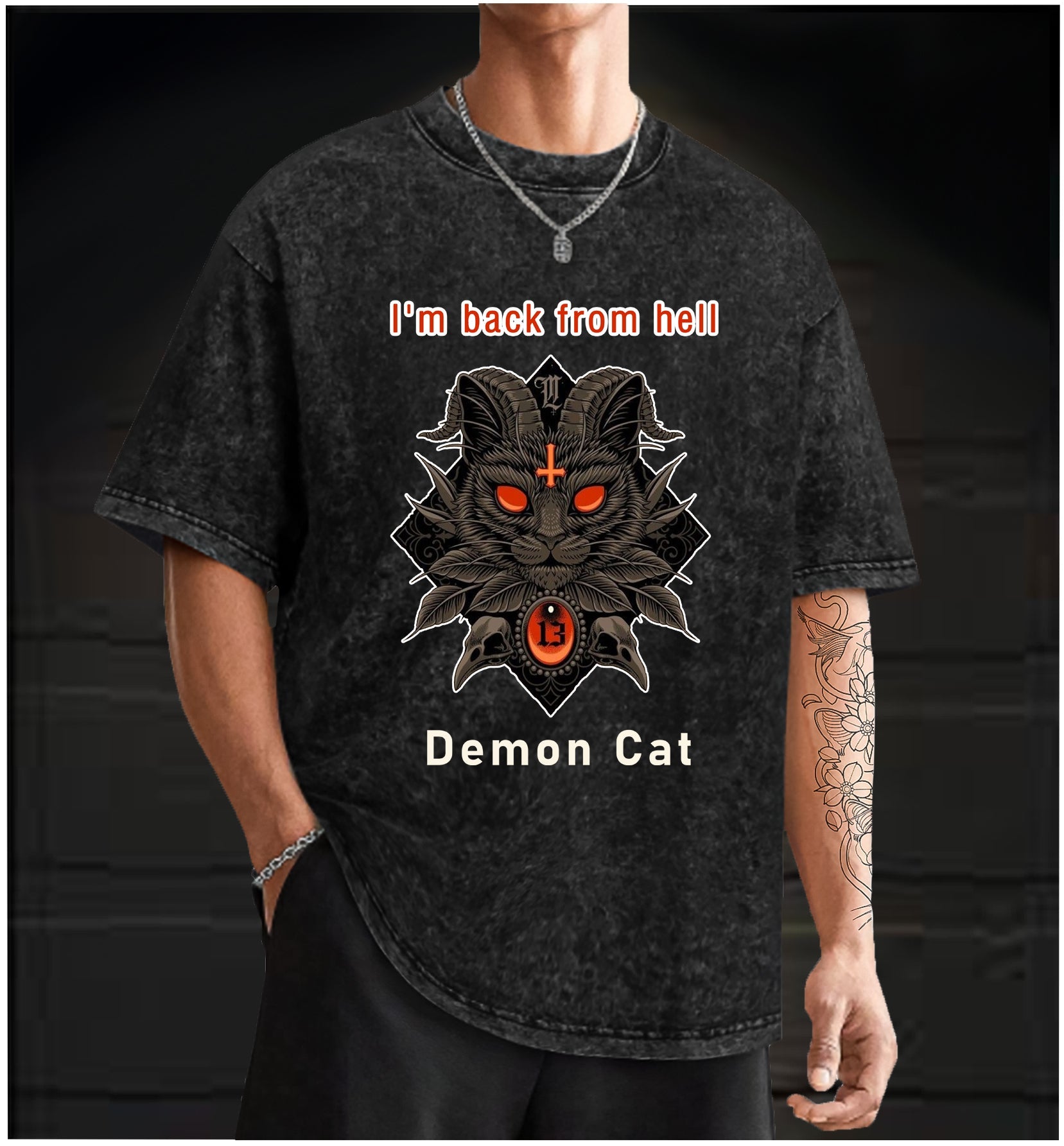 Demon Cat Vintage Washed 100% Cotton T-Shirt - TheDrunkShark