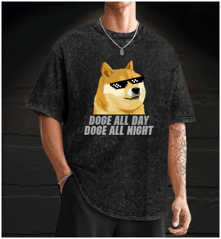  Doge All Day Doge All Night Vintage Washed 100% Cotton T-Shirt - TheDrunkShark