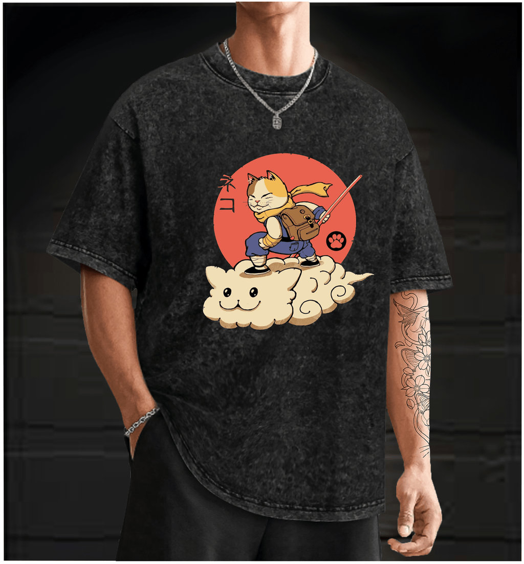 Flying Cloud Cat Vintage Washed 100% Cotton T-Shirt - TheDrunkShark