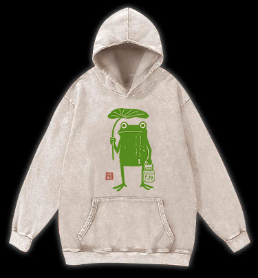 Frogs Taking Shelter From The Rain Vintage Washed 100% Cotton Hoodie - TheDrunkShark