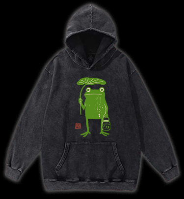 Frogs Taking Shelter From The Rain Vintage Washed 100% Cotton Hoodie - TheDrunkShark