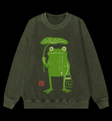 Frogs Taking Shelter From The Rain Vintage Washed 100% Cotton Sweatshirt - TheDrunkShark