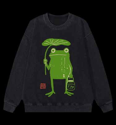 Frogs Taking Shelter From The Rain Vintage Washed 100% Cotton Sweatshirt - TheDrunkShark