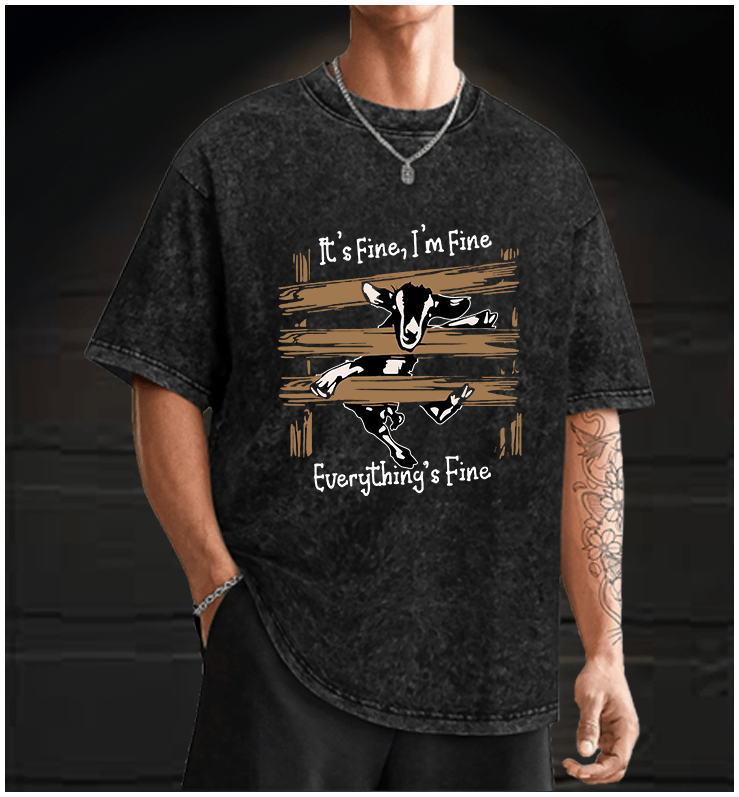 Funny goat it's fine i'm fine everything is fine Vintage Washed 100% Cotton T-Shirt - TheDrunkShark